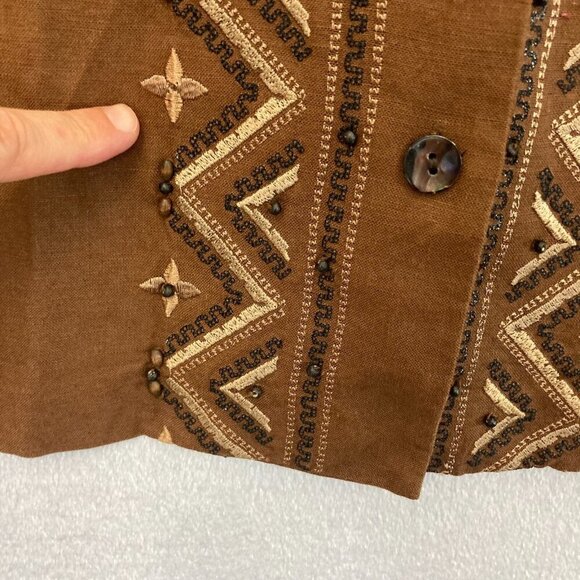Coldwater Creek Linen Blend Button Up Blouse Top Size 22 Brown Beaded Sleeveless - Picture 6 of 12